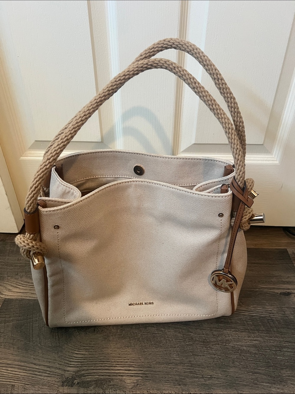 Michael Kors Cream Canvas Tote with Braided Rope Handles